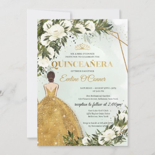 Princess gold dress greenery floral Quinceaera Invitation