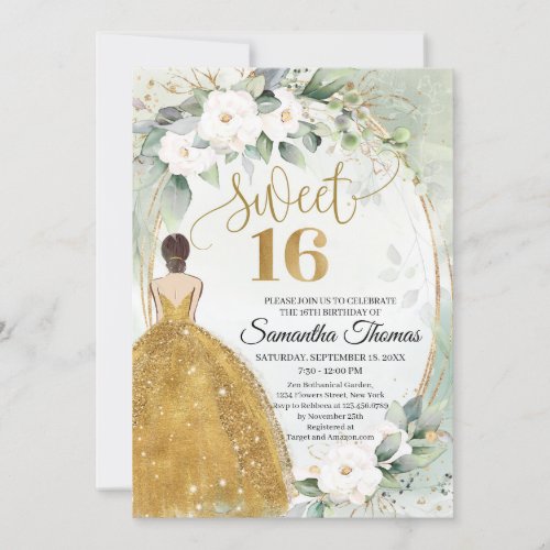 Princess gold dress white roses greenery foliage invitation