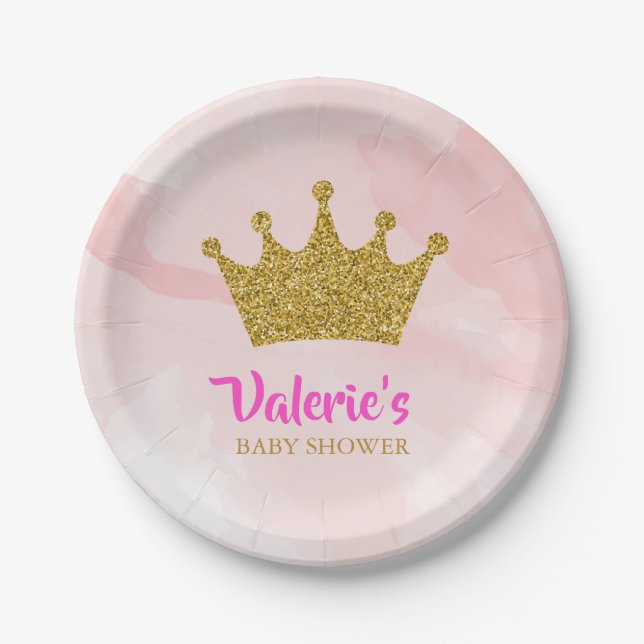 Princess Gold Glitter Crown Baby Shower Paper Plates (Front)