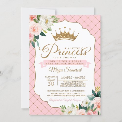Princess Gold Glitter Crown  Floral Baby Shower Invitation
