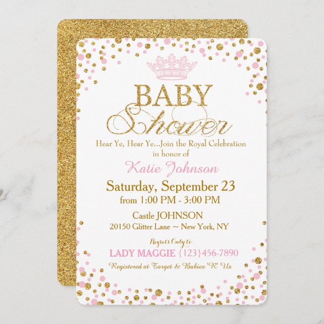 Princess Gold Glitter Sprinkle Baby Shower Invitation (Front/Back)