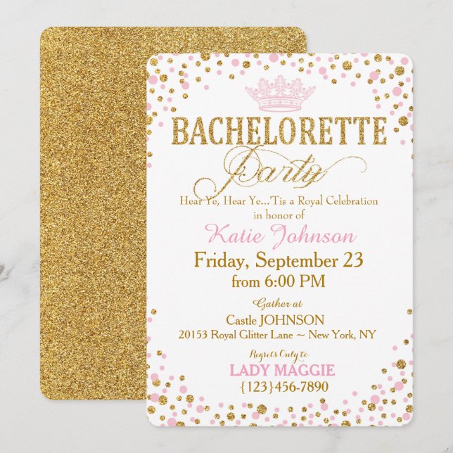 Princess Gold Glitter Sprinkle Bachelorette Party Invitation (Front/Back)