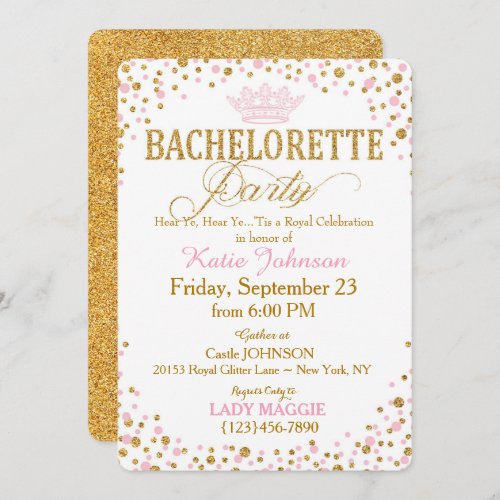 Princess Gold Glitter Sprinkle Bachelorette Party Invitation