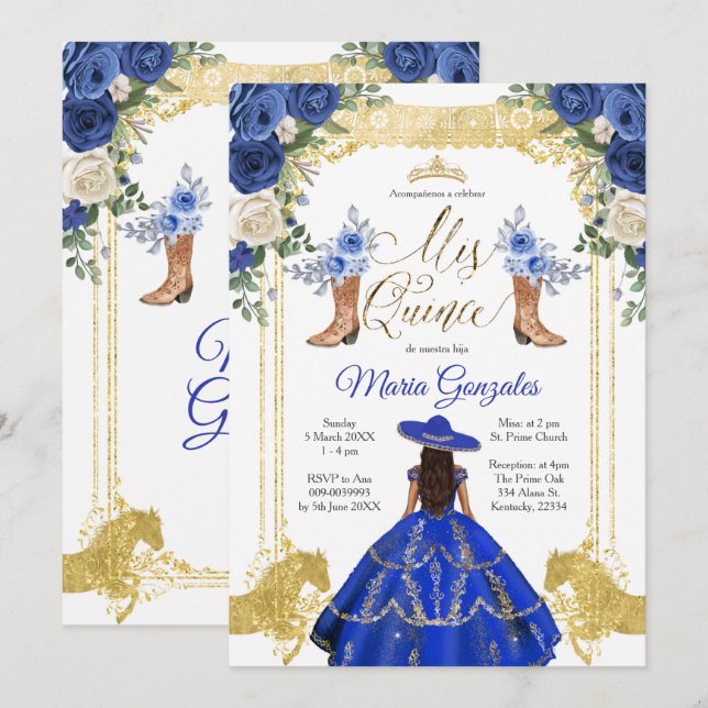 Princess Gold Navy Boots Charra 15th Anos 2 Invitation (Front/Back)