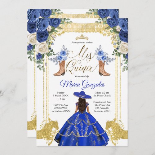 Princess Gold Navy Boots Charra 15th Anos 2 Invitation