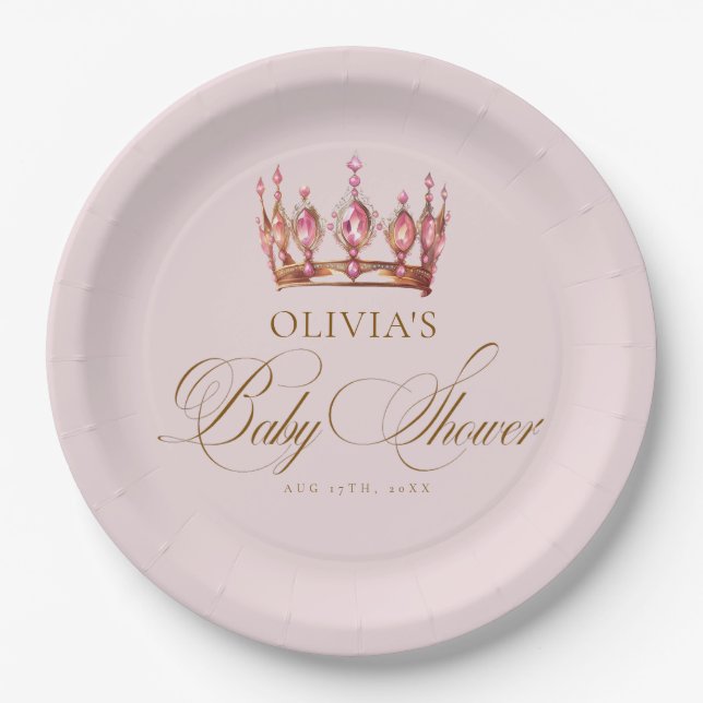 Princess Gold Pink Girl Baby Shower Paper Plates (Front)