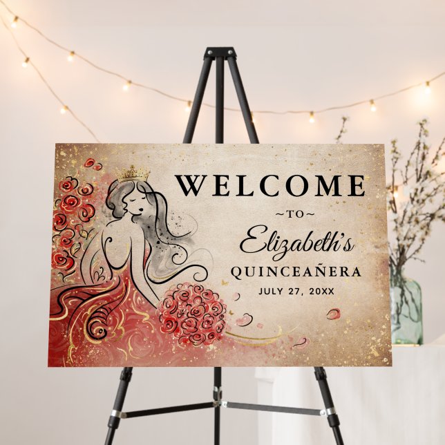 Princess Gold Red Quince Welcome Birthday Party Foam Board (In Situ (Stand))