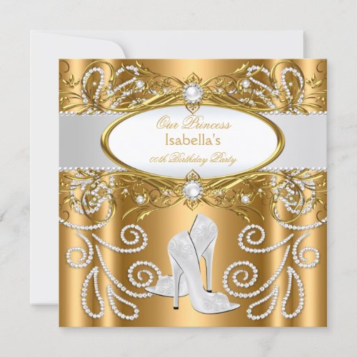 Princess Gold White Pearl Diamond High Heels Invitation