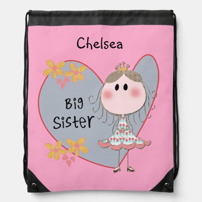 Princess Heart Big Sister Drawstring Bag (Front)