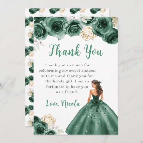 Princess in a Dark Green Dress Sweet 16 Thank You