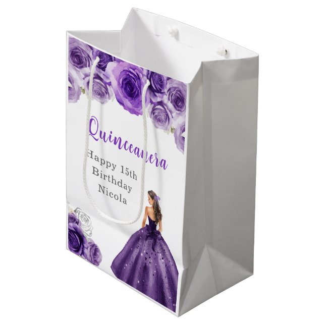 Princess in a Dark Purple Dress Quinceanera Medium Gift Bag (Front Angled)