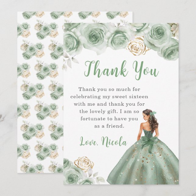 Princess in a Green Dress Sweet Sixteen Thank You Card (Front/Back)