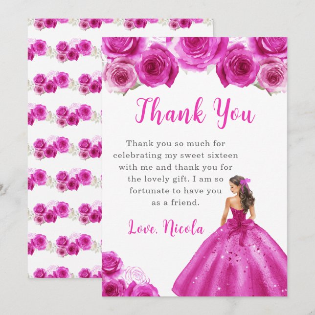 Princess in a Hot Pink Dress Sweet 16 Thank You (Front/Back)