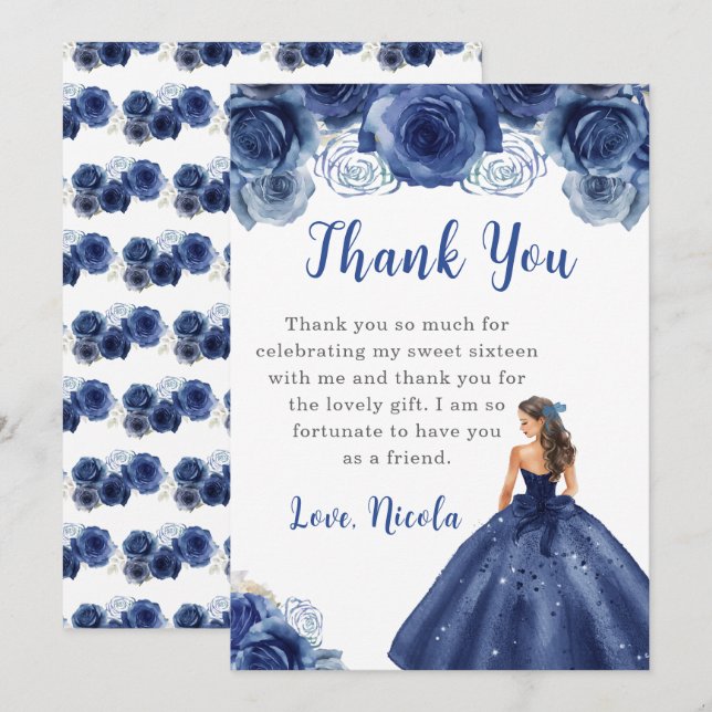 Princess in a Navy Dress Sweet Sixteen Thank You Card (Front/Back)