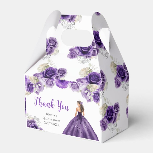 Princess in a Purple Dress Quinceanera Thank You Favor Boxes (Front Side)