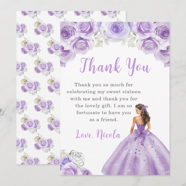 Princess in a Purple Dress Sweet 16 Thank You Card (Front/Back)