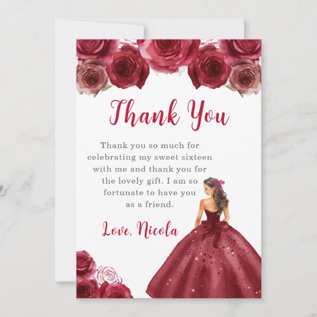 Princess in a Red Dress Sweet Sixteen Thank You Card (Front)