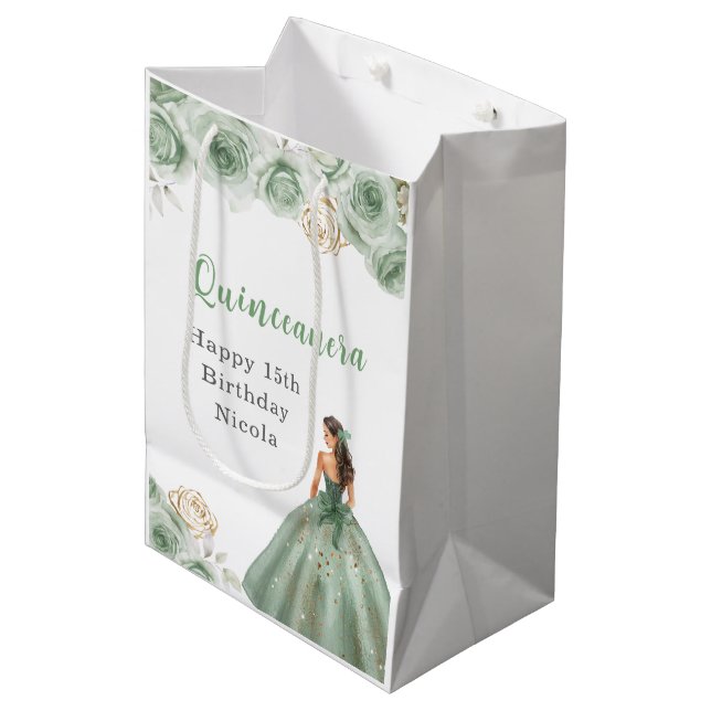 Princess in a Sage Green Dress Quinceanera Medium Gift Bag (Front Angled)