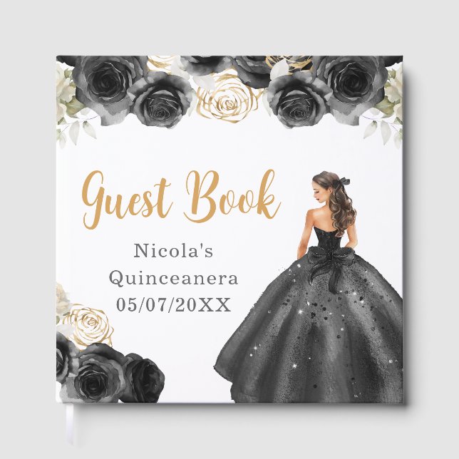 Princess in Black Dress Quinceanera Guest Book (Front)