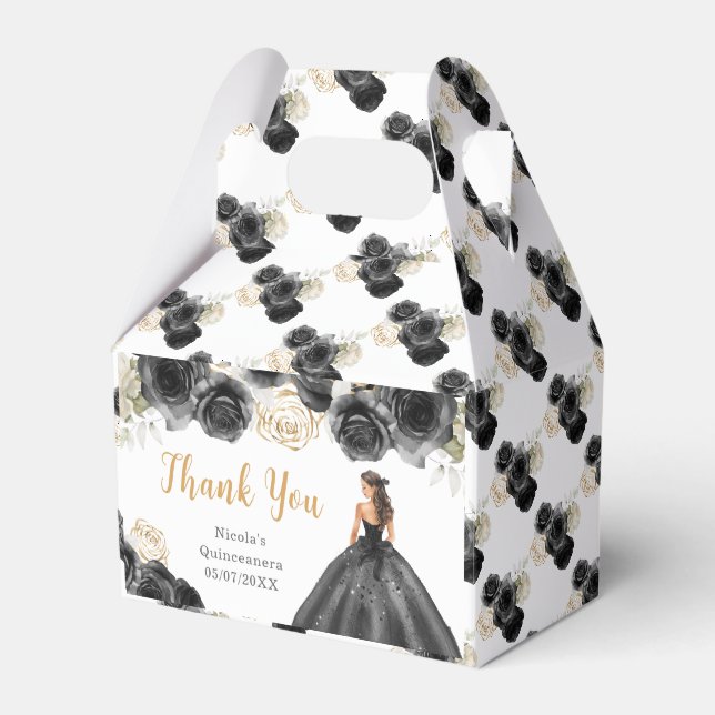 Princess in Black Dress Quinceanera Thank You Favor Boxes (Front Side)