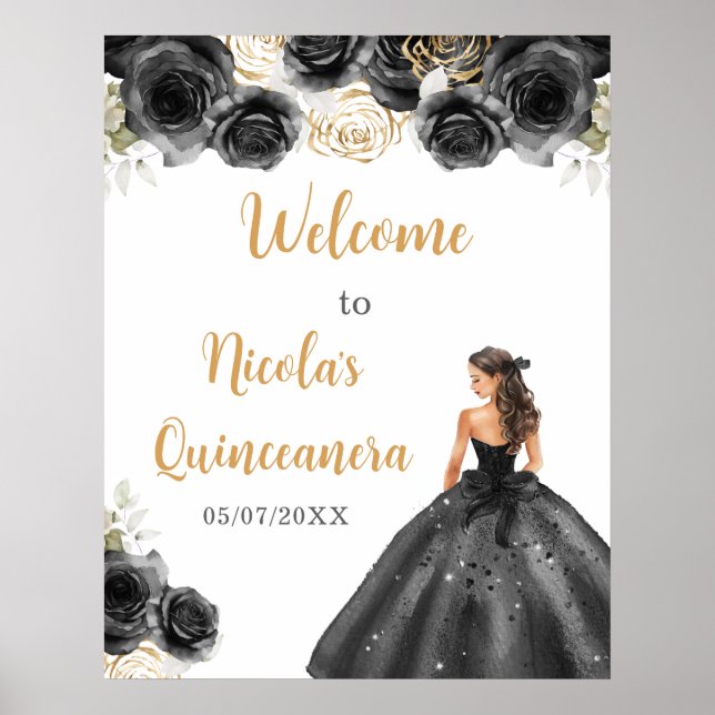 Princess in Black Dress Quinceanera Welcome Poster (Front)