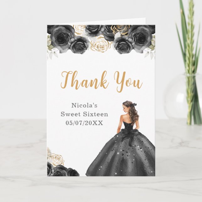 Princess in Black Dress Sweet Sixteen Thank You Card (Front)