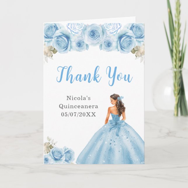 Princess in Blue Dress Quinceanera Thank You Card (Front)