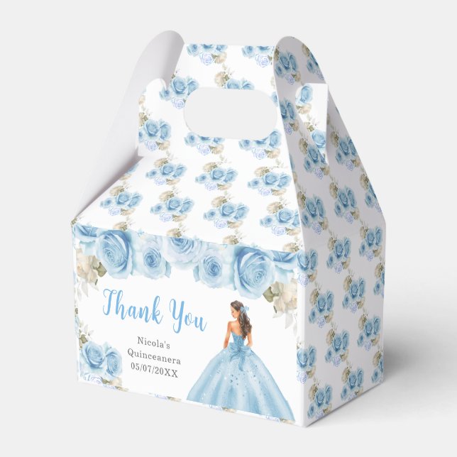 Princess in Blue Dress Quinceanera Thank You Favor Boxes (Front Side)