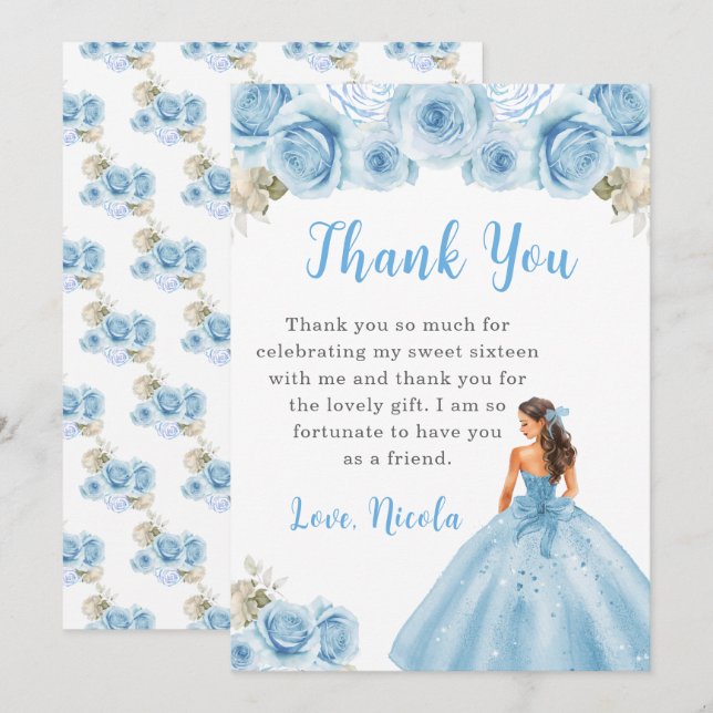 Princess in Blue Dress Sweet Sixteen Thank You Card (Front/Back)