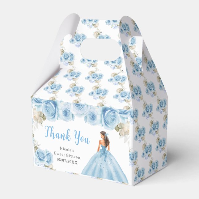 Princess in Blue Dress Sweet Sixteen Thank You Favor Boxes (Front Side)