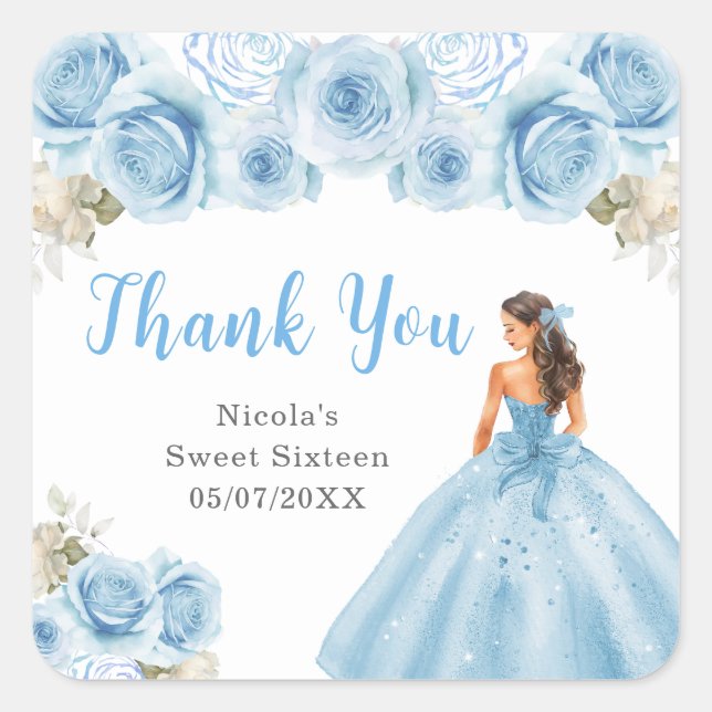 Princess in Blue Dress Sweet Sixteen Thank You Square Sticker (Front)
