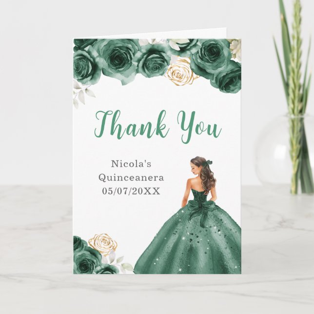 Princess in Dark Green Dress Quinceanera Thank You (Front)