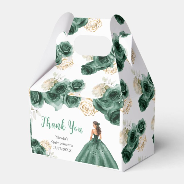 Princess in Dark Green Dress Quinceanera Thank You Favor Boxes (Front Side)