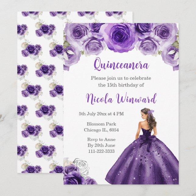 Princess in Dark Purple Dress Quinceanera Invitation (Front/Back)