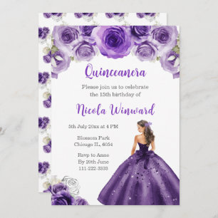 Princess in Dark Purple Dress Quinceanera Invitation