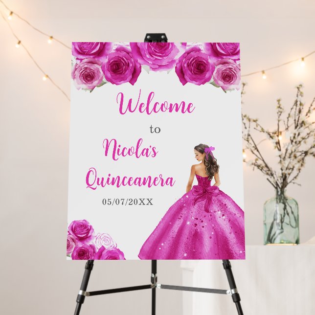 Princess in Hot Pink Dress Quinceanera Welcome Foam Board (In Situ (Stand))