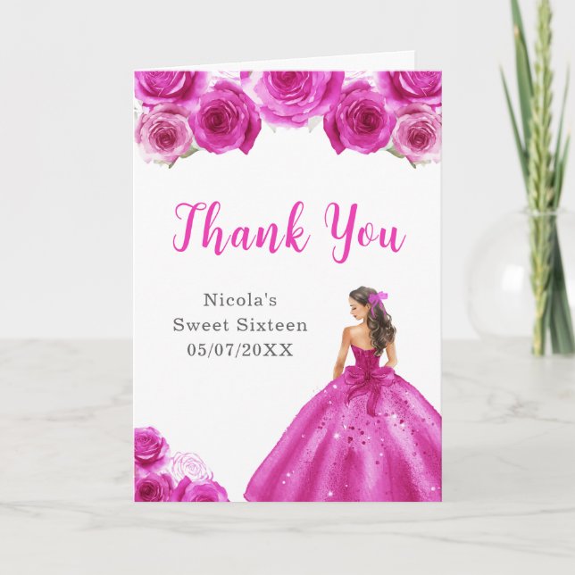 Princess in Hot Pink Dress Sweet Sixteen Thank You (Front)