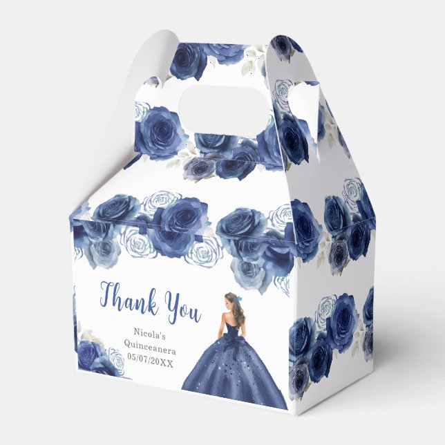 Princess in Navy Blue Dress Quinceanera Thank You Favor Boxes (Front Side)