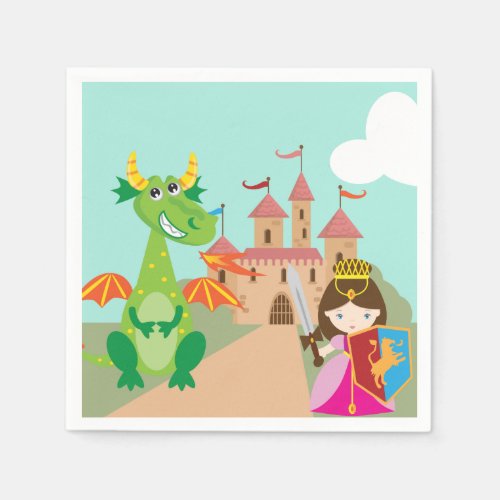 Princess in Pink Castle and Smiling Dragon Paper Napkins