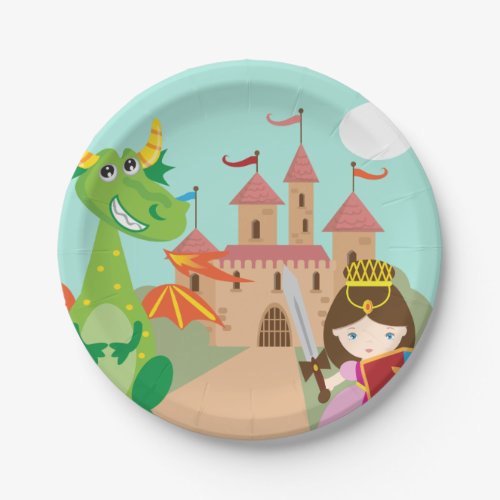 Princess in Pink Castle and Smiling Dragon Paper Plates