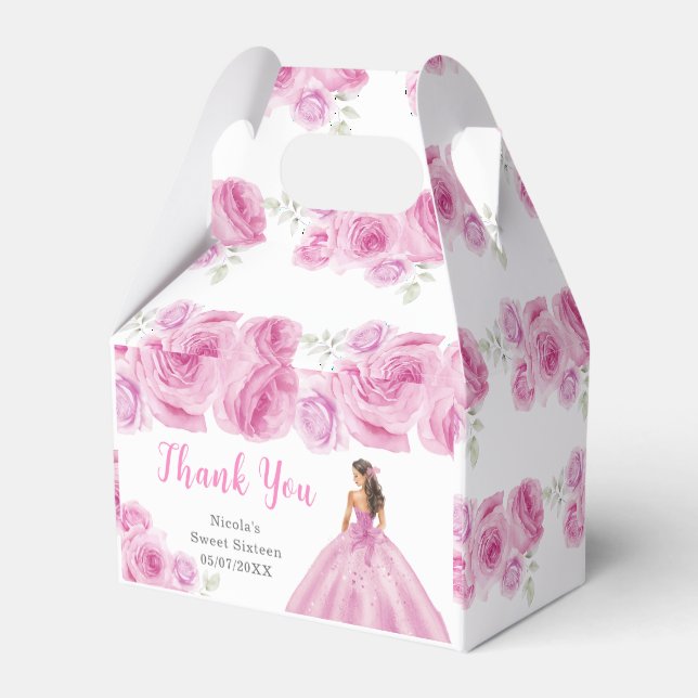 Princess in Pink Dress Sweet Sixteen Thank You Favor Boxes (Back Side)
