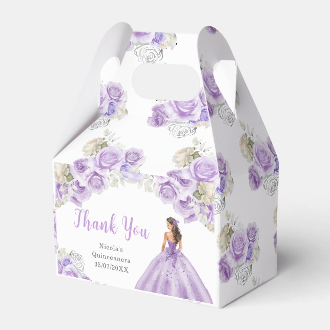 Princess in Purple Dress Quinceanera Thank You Favor Boxes (Front Side)