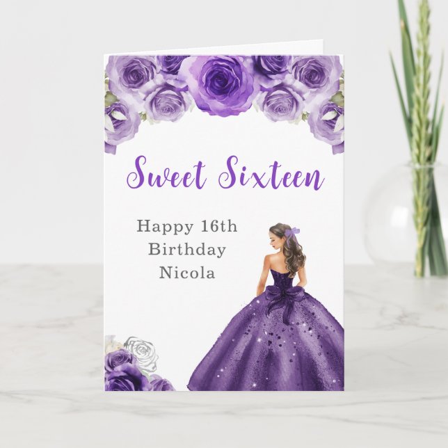 Princess in Purple Dress Sweet Sixteen Birthday Card (Front)