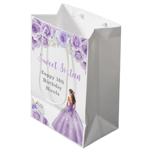 Princess in Purple Dress Sweet Sixteen Birthday Medium Gift Bag (Front Angled)