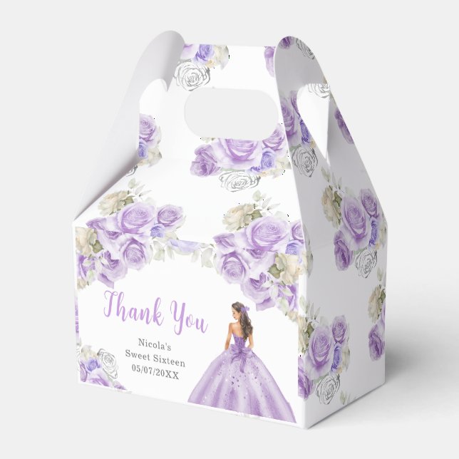 Princess in Purple Dress Sweet Sixteen Thank You Favor Boxes (Back Side)