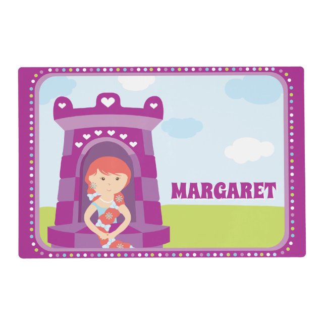 Princess In Purple Tower With Name Laminated Paper Placemat (Front)