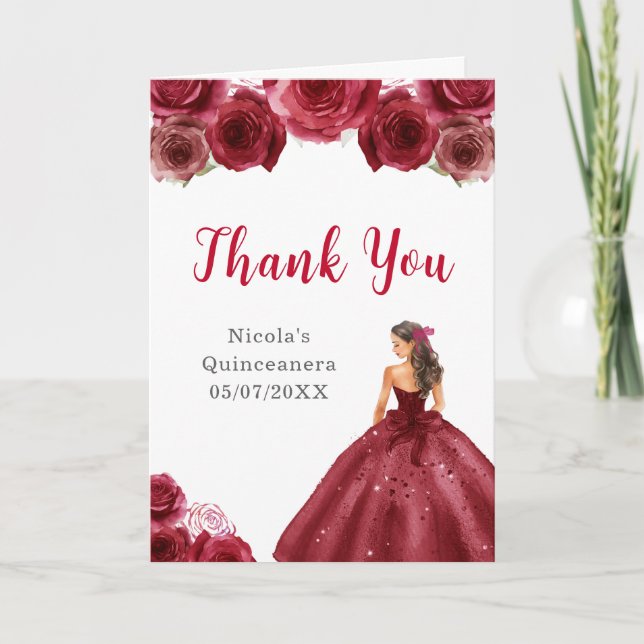 Princess in Red Dress Quinceanera Thank You Card (Front)