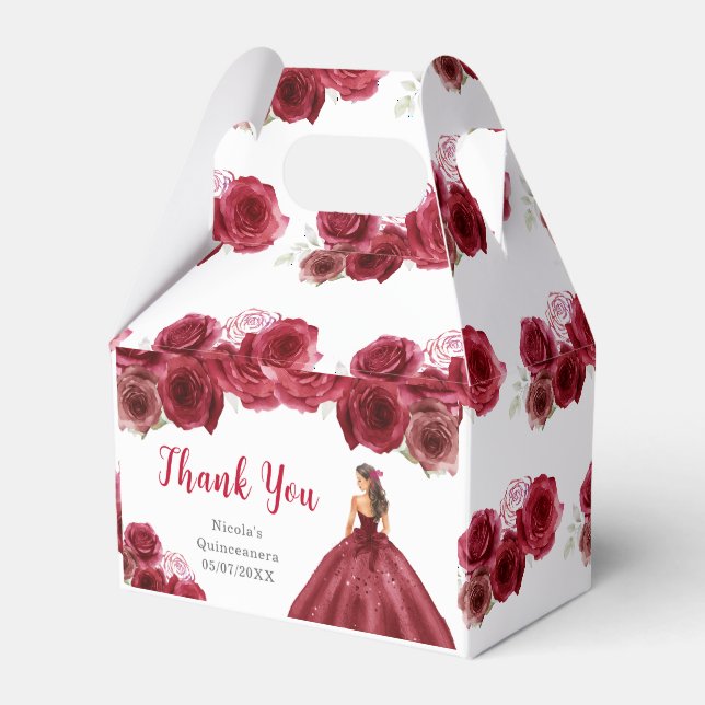 Princess in Red Dress Quinceanera Thank You Favor Boxes (Front Side)
