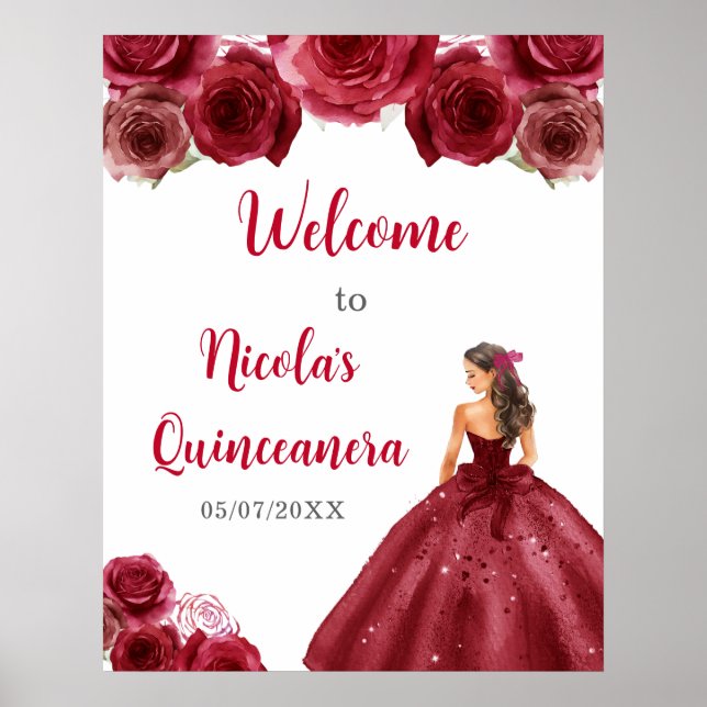Princess in Red Dress Quinceanera Welcome Poster (Front)