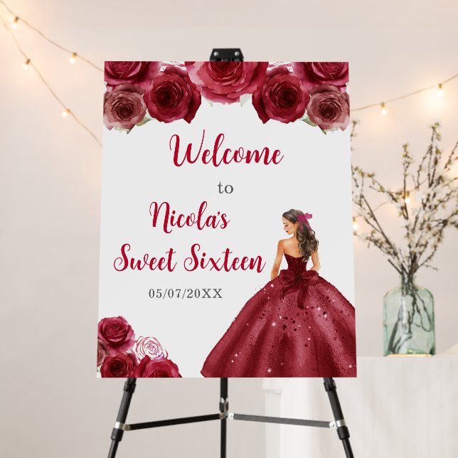 Princess in Red Dress Sweet Sixteen Welcome Foam Board (In Situ (Stand))